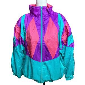 1980's Vintage Turquoise Pink Purple Color Block Windbreaker Track Jacket Large